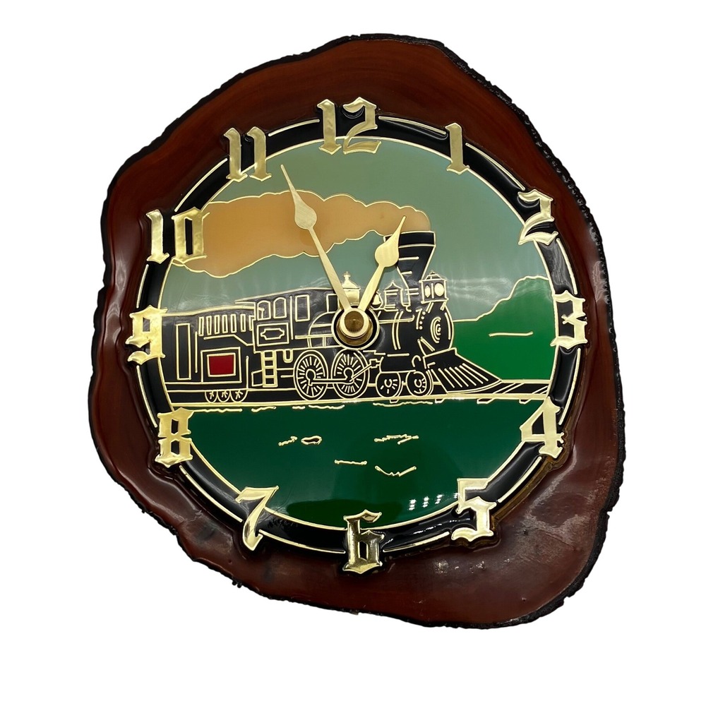 Ramar Industries Wall Clock Wood Slice VTG Brown Train Locomotive Handcrafted